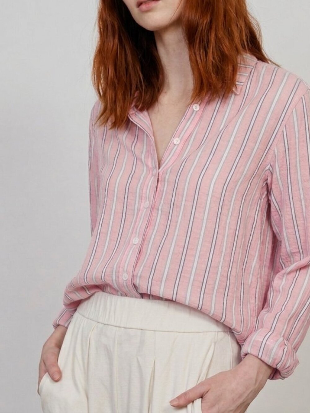XiRENA Striped Crinkle Long Sleeve Button Up Shirt Cotton Blouse XS